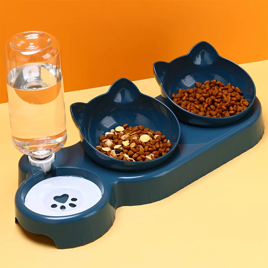 3-in-1 Cat & Dog Feeding Station – Tilted Food Bowls with Gravity Water Feeder & Neck Protection Design”