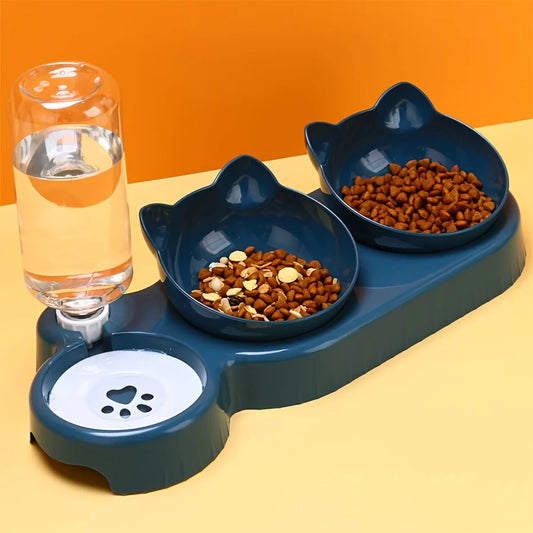 3-in-1 Cat & Dog Feeding Station – Tilted Food Bowls with Gravity Water Feeder & Neck Protection Design”